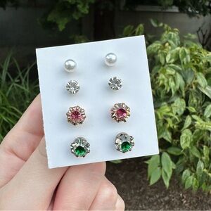 4 Stud Earrings Bundle Faux Diamond